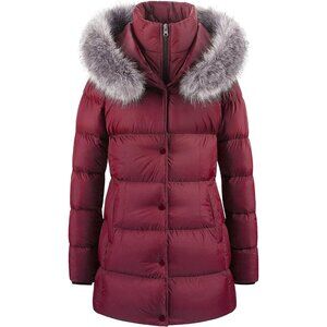 Women's Burgundy Long Snow Puffer Jacket Coat Removable Faux Fur Trim Winter